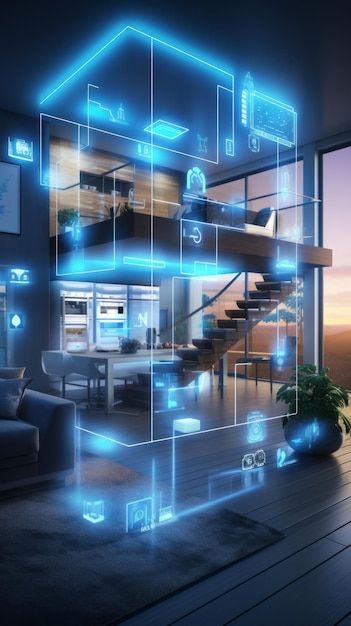 Interno moderno con illuminazione e comfort controllati da AI